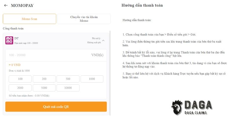 Hướng dẫn nạp tiền Daga qua ví điện tử